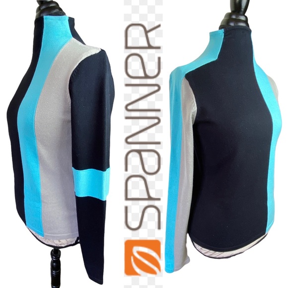 Spanner Retro Black Blue Color Block Tight Knit High Neck Long Sleeve Sweater S - Picture 13 of 16